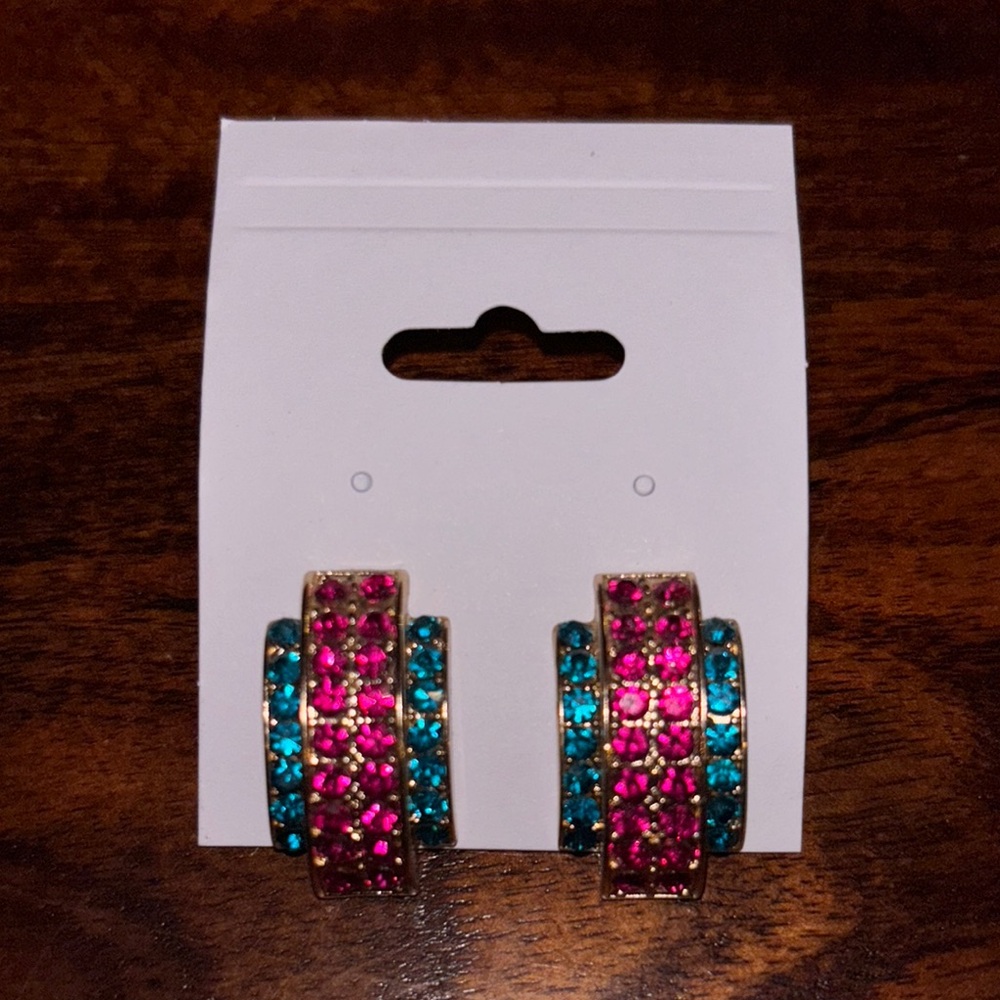 Vibrant Pink and Blue Gemstone Hoop Earrings